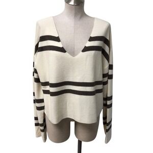 LNA Clothing Sweater Womens‎ Large Cream Brown Striped Deep V-Neck Long Sleeve